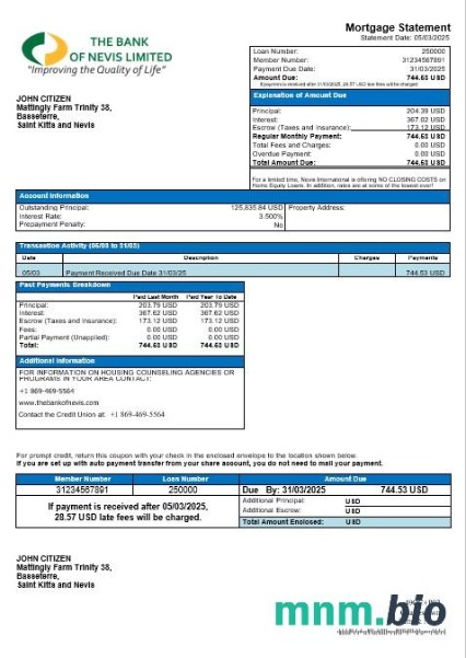 Saint Kitts i Nevis The Bank of Nevis wyciąg z kredytu hipotecznego w formatach Word i PDF